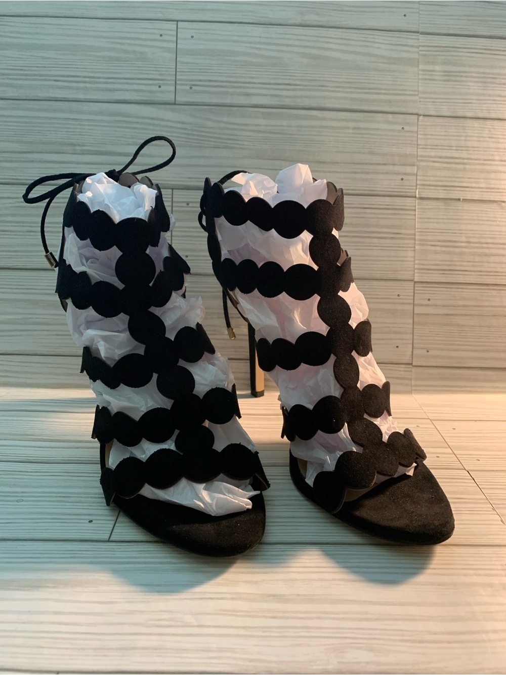 BCBGeneration Black Scalloped Suede Lace-Up High Heel Sandals